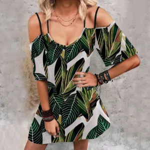 Bohemia Leaves Print Spaghetti Strap Boho Dress