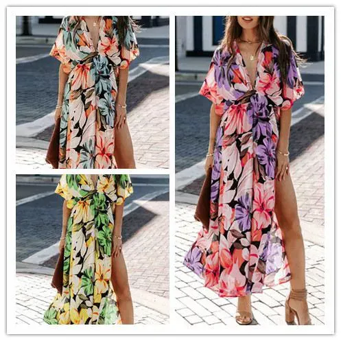 Bohemia Sexy Deep Collar Floral Long Length Seaside Beach Dress