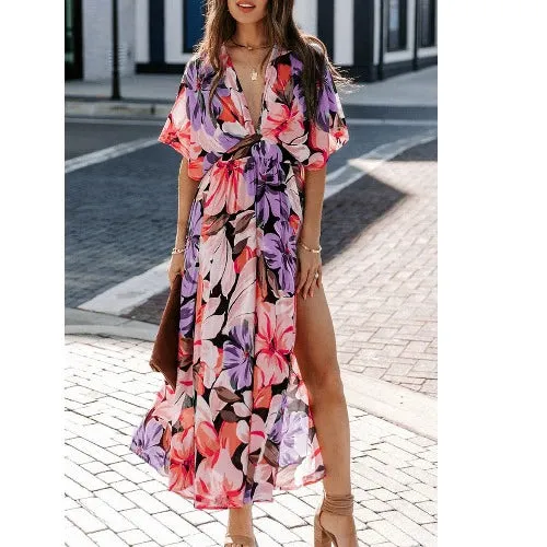 Bohemia Sexy Deep Collar Floral Long Length Seaside Beach Dress