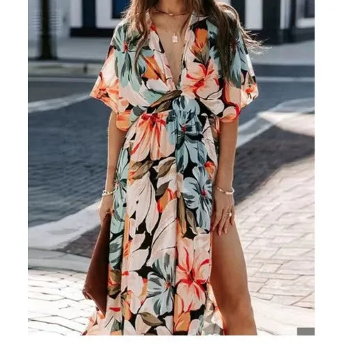 Bohemia Sexy Deep Collar Floral Long Length Seaside Beach Dress