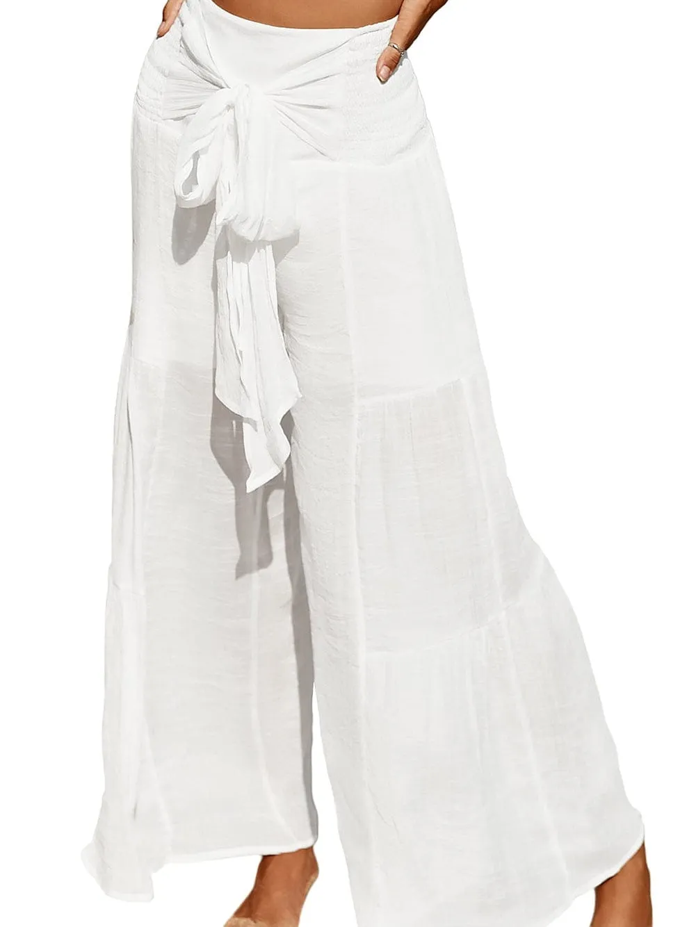 Bohemian White Smocked High Rise Wide Leg Trousers