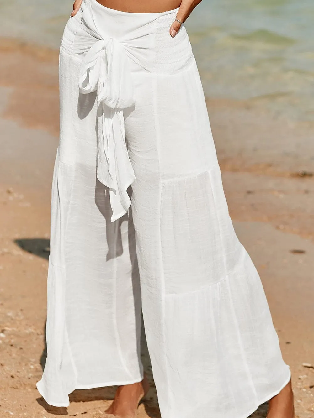 Bohemian White Smocked High Rise Wide Leg Trousers