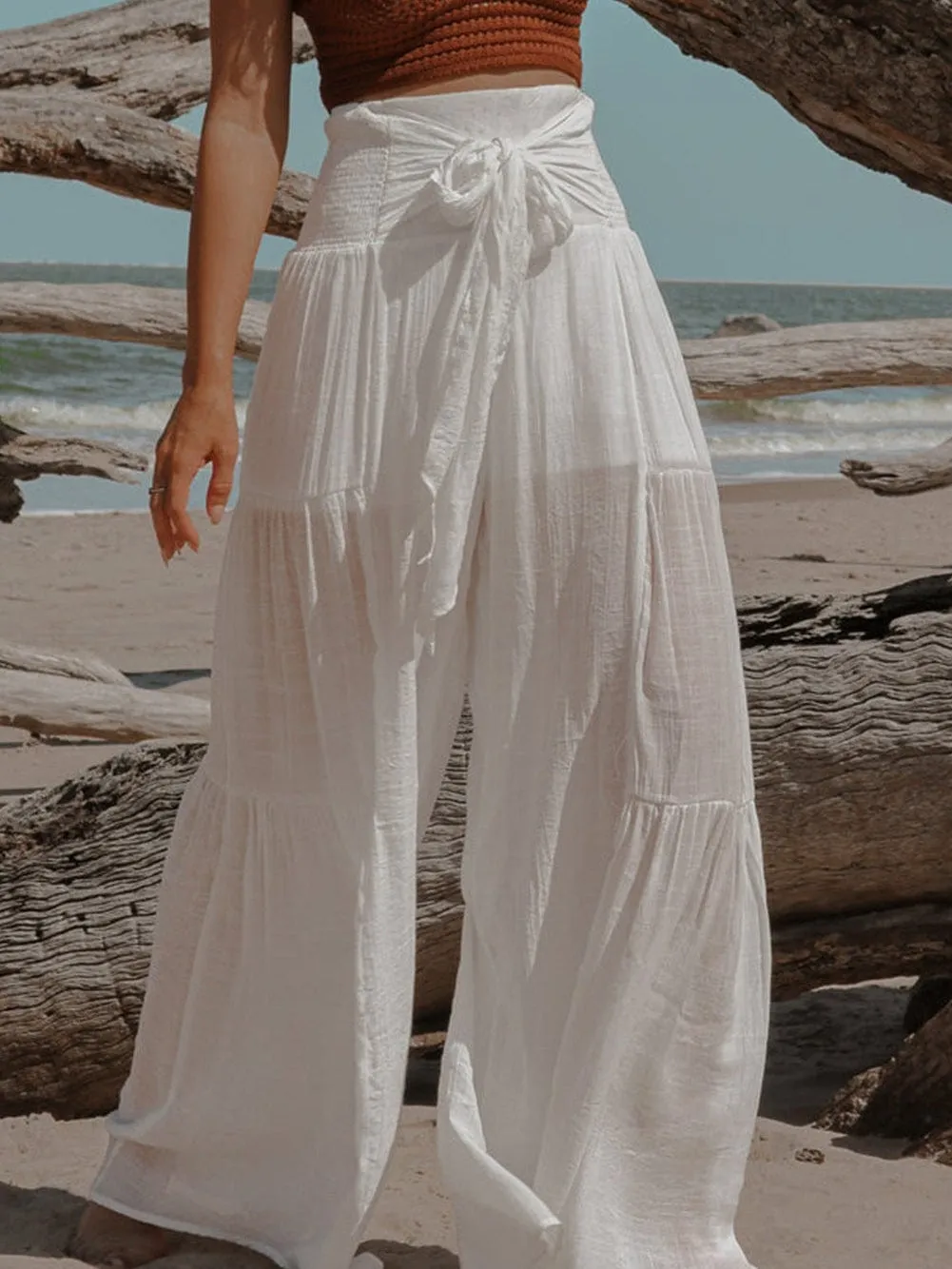 Bohemian White Smocked High Rise Wide Leg Trousers