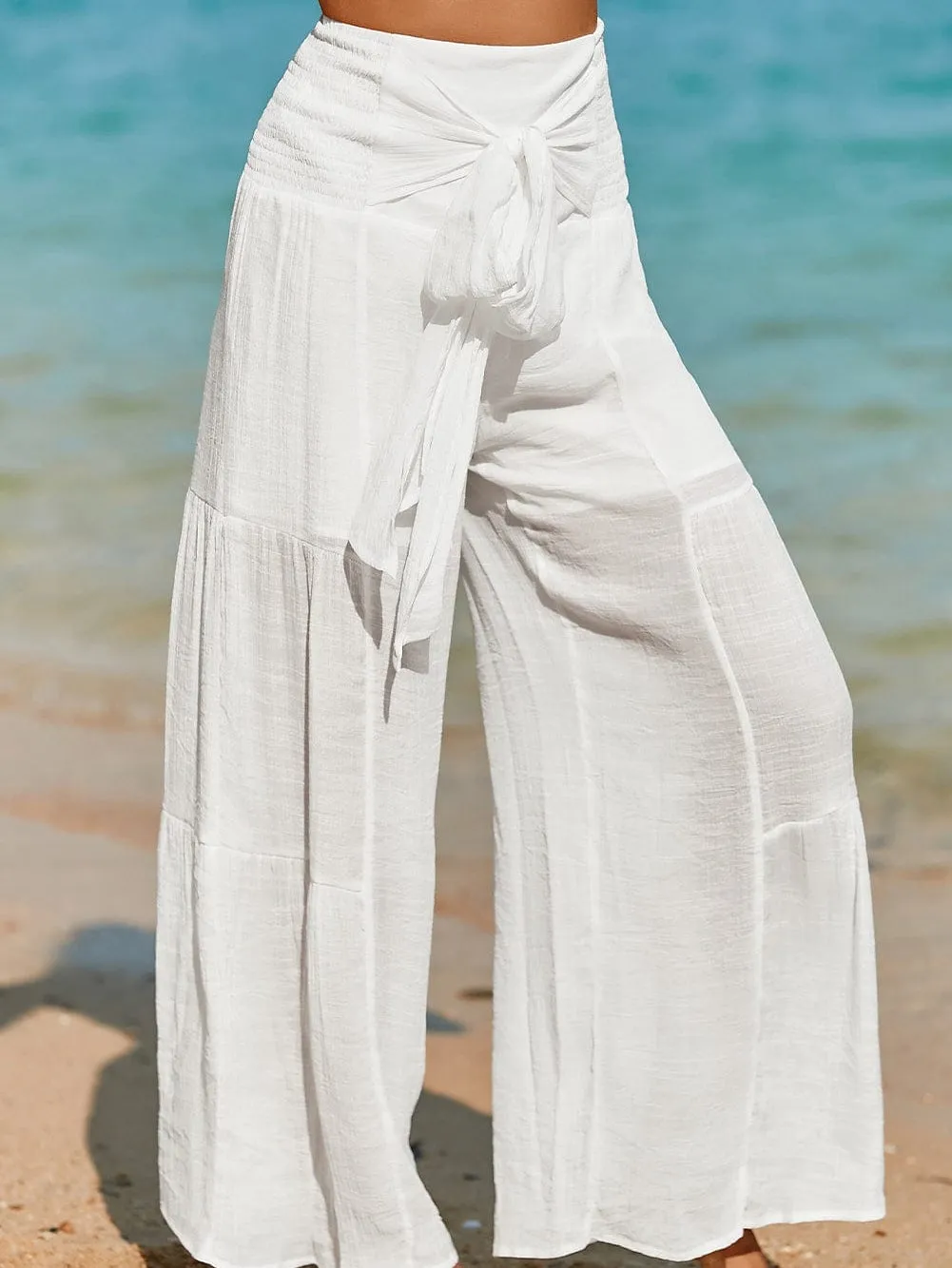 Bohemian White Smocked High Rise Wide Leg Trousers