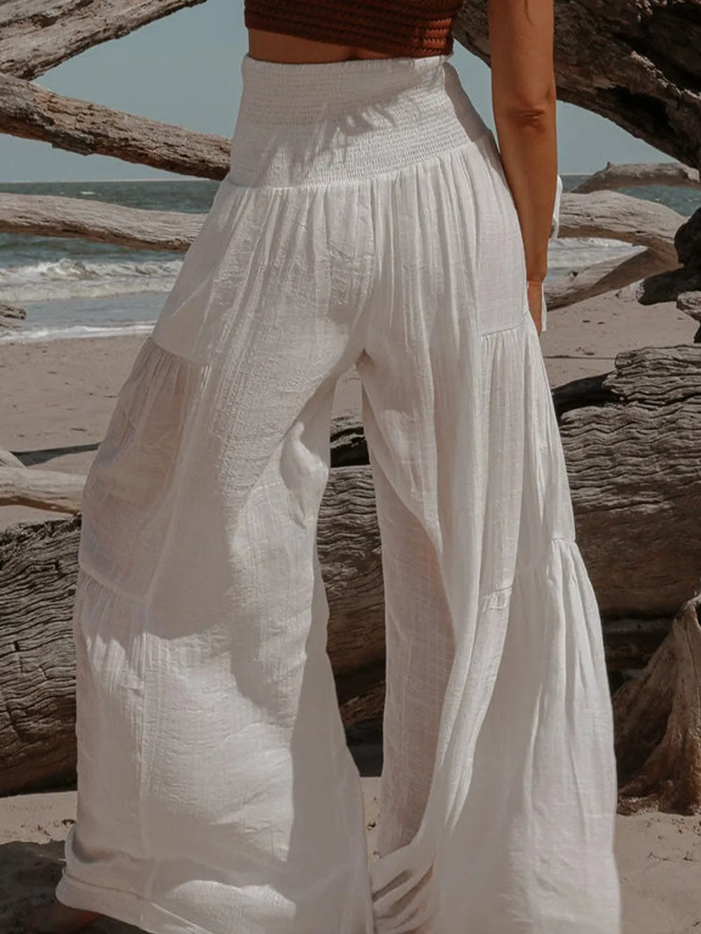 Bohemian White Smocked High Rise Wide Leg Trousers