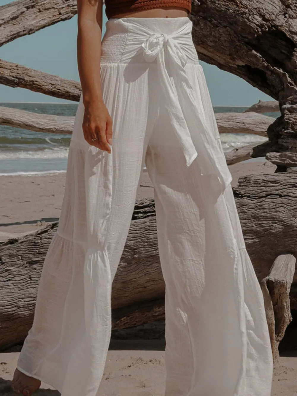 Bohemian White Smocked High Rise Wide Leg Trousers