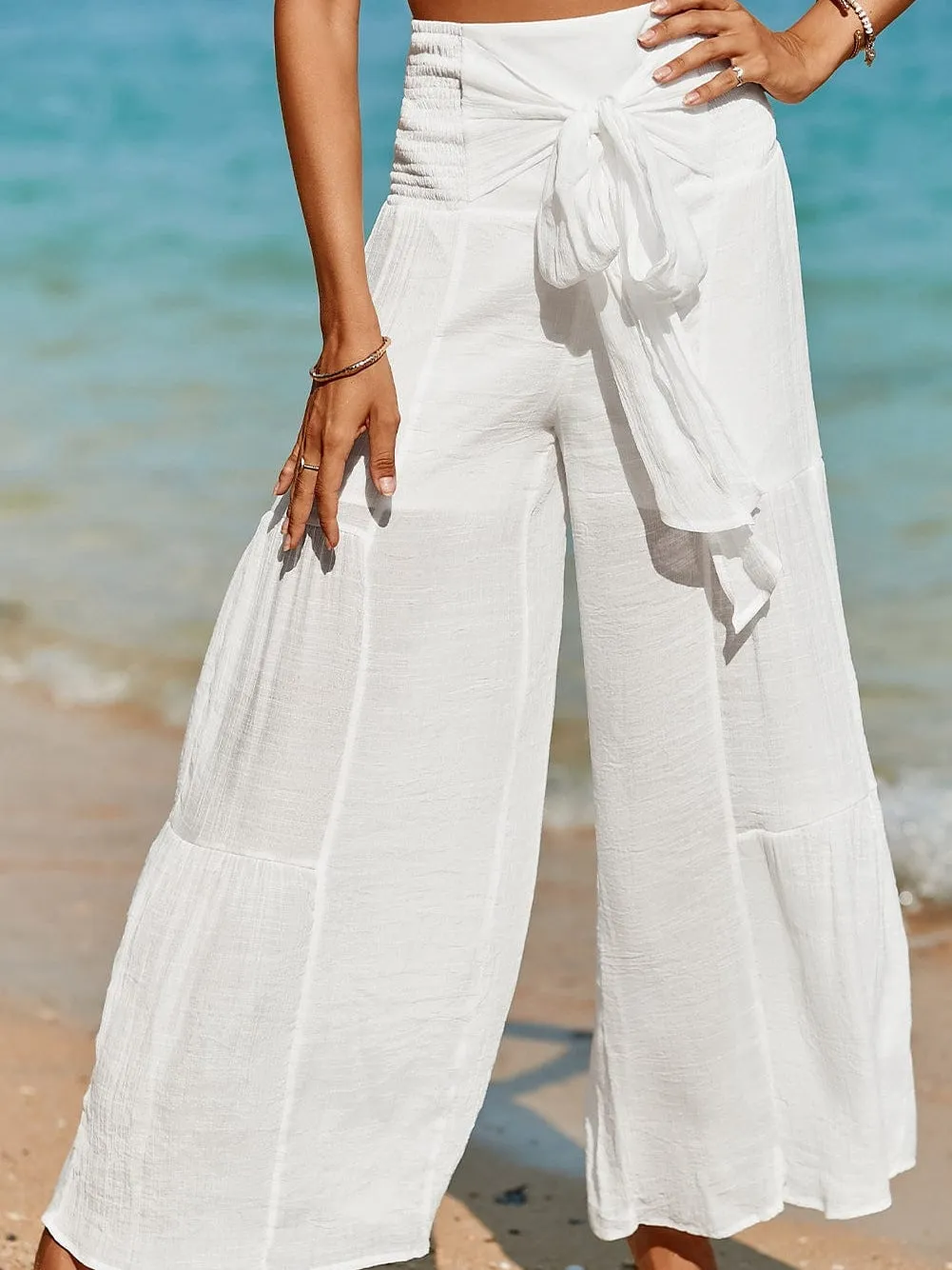 Bohemian White Smocked High Rise Wide Leg Trousers