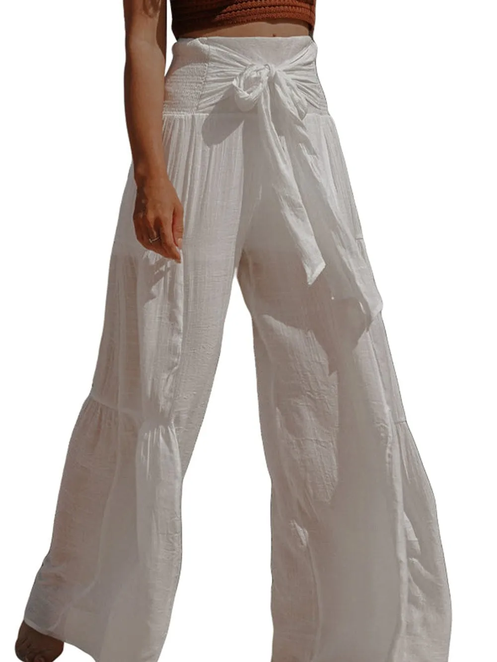 Bohemian White Smocked High Rise Wide Leg Trousers