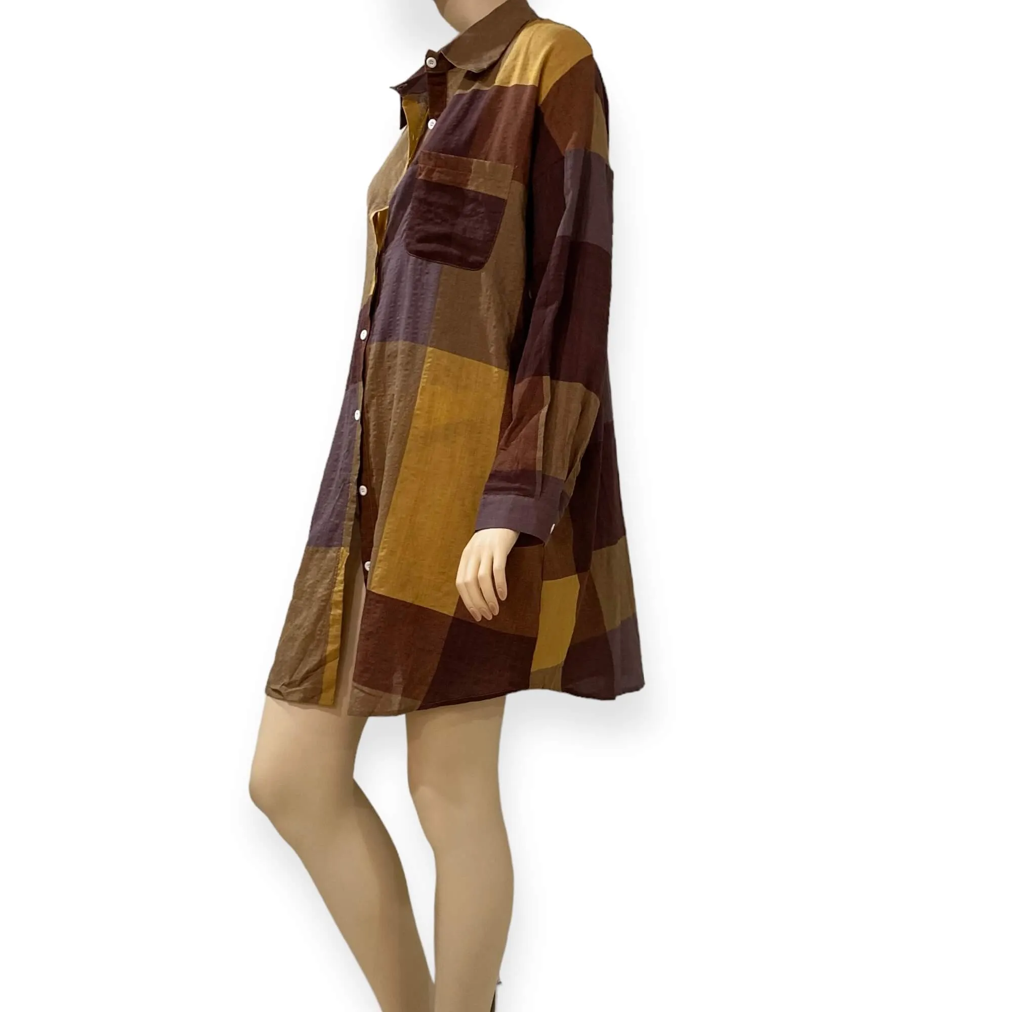 Brown Checkered Cotton Midi Shirt Dress