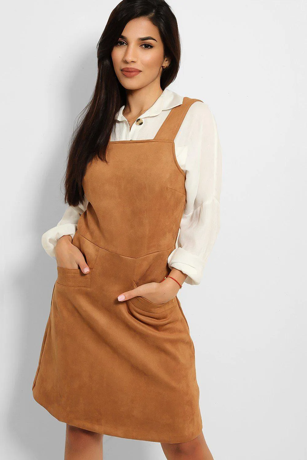 Brown Soft Faux Suede Dungaree Dress