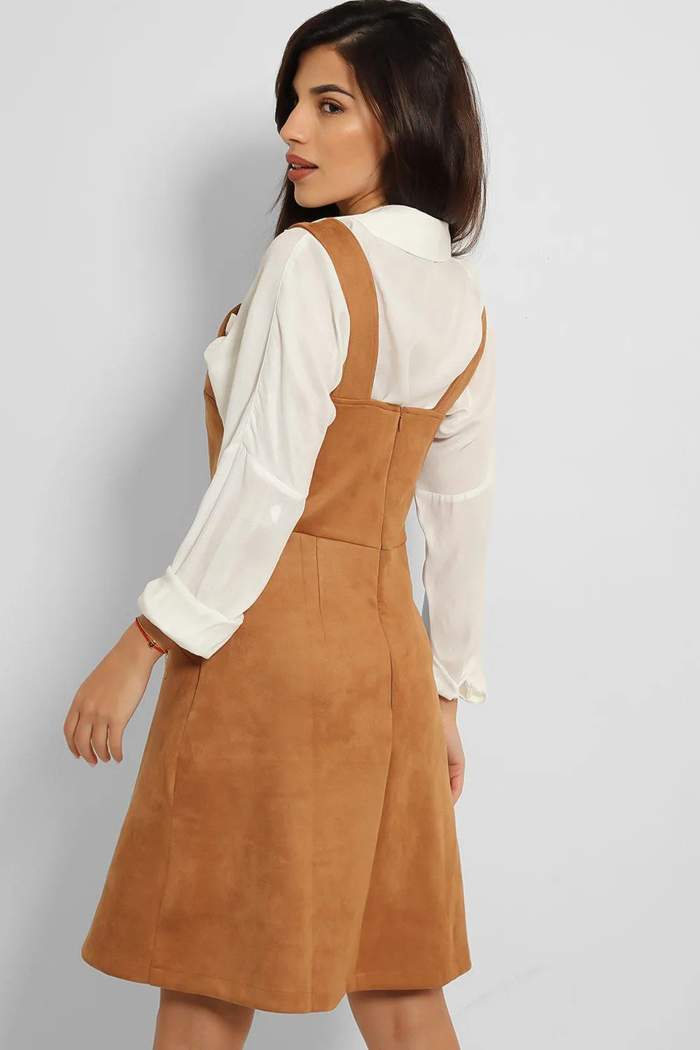 Brown Soft Faux Suede Dungaree Dress