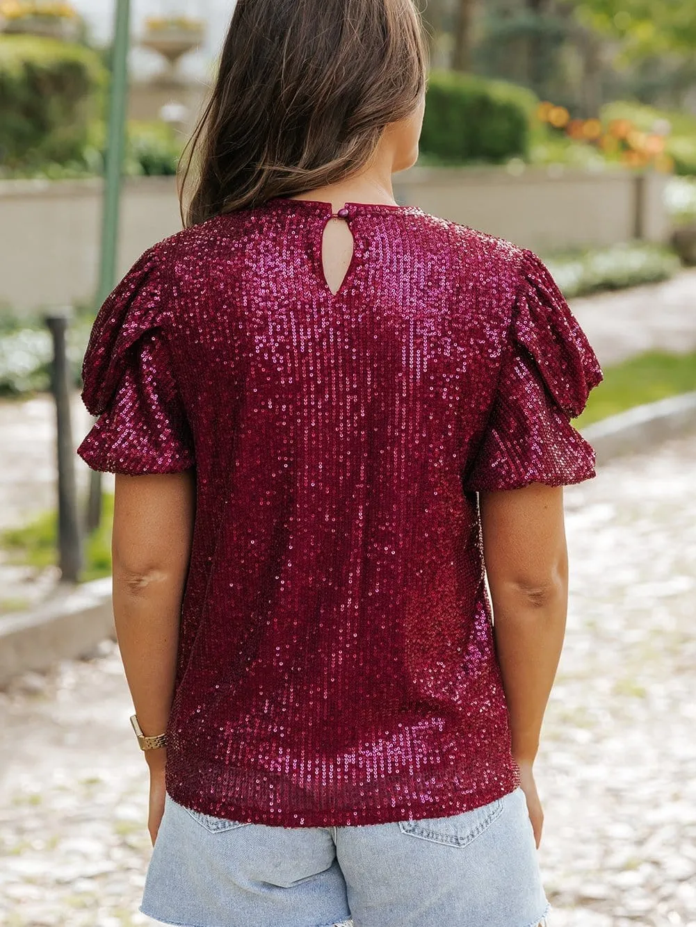 Burgundy Sequin Puff Sleeve Blouse