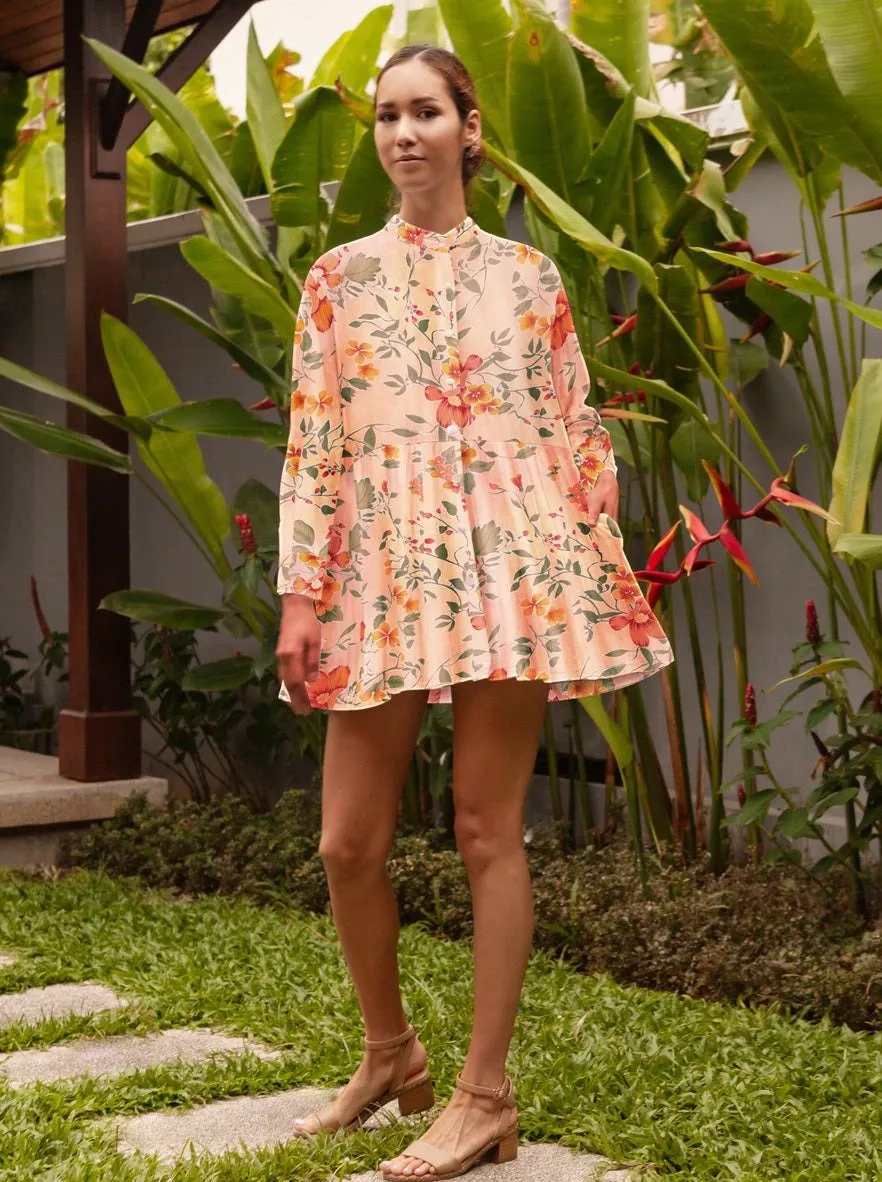 Calliope Printed Thai Silk Button Down Dress- Peachy