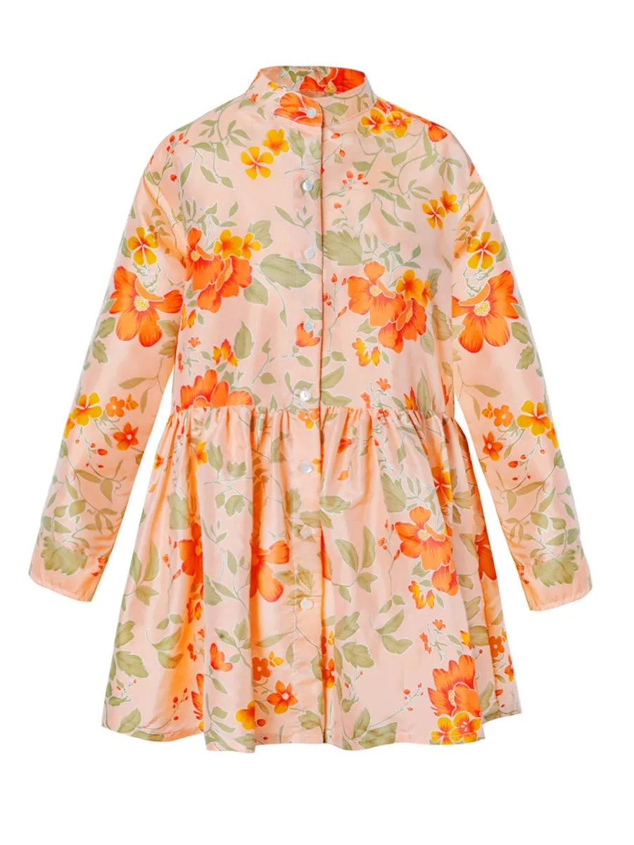 Calliope Printed Thai Silk Button Down Dress- Peachy