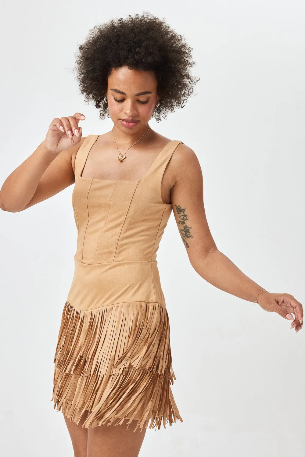 Caramel Suede Corset Tassel Dress