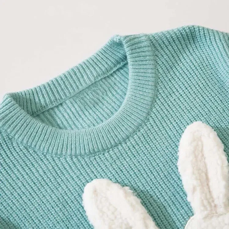 Cartoon Bunny Embroidery Knit Sweater Casual Pants Two Piece Set