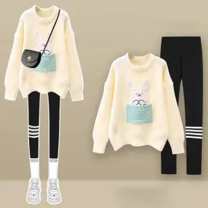 Cartoon Bunny Embroidery Knit Sweater Casual Pants Two Piece Set