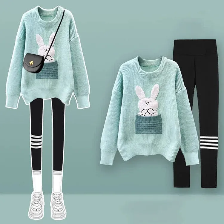 Cartoon Bunny Embroidery Knit Sweater Casual Pants Two Piece Set