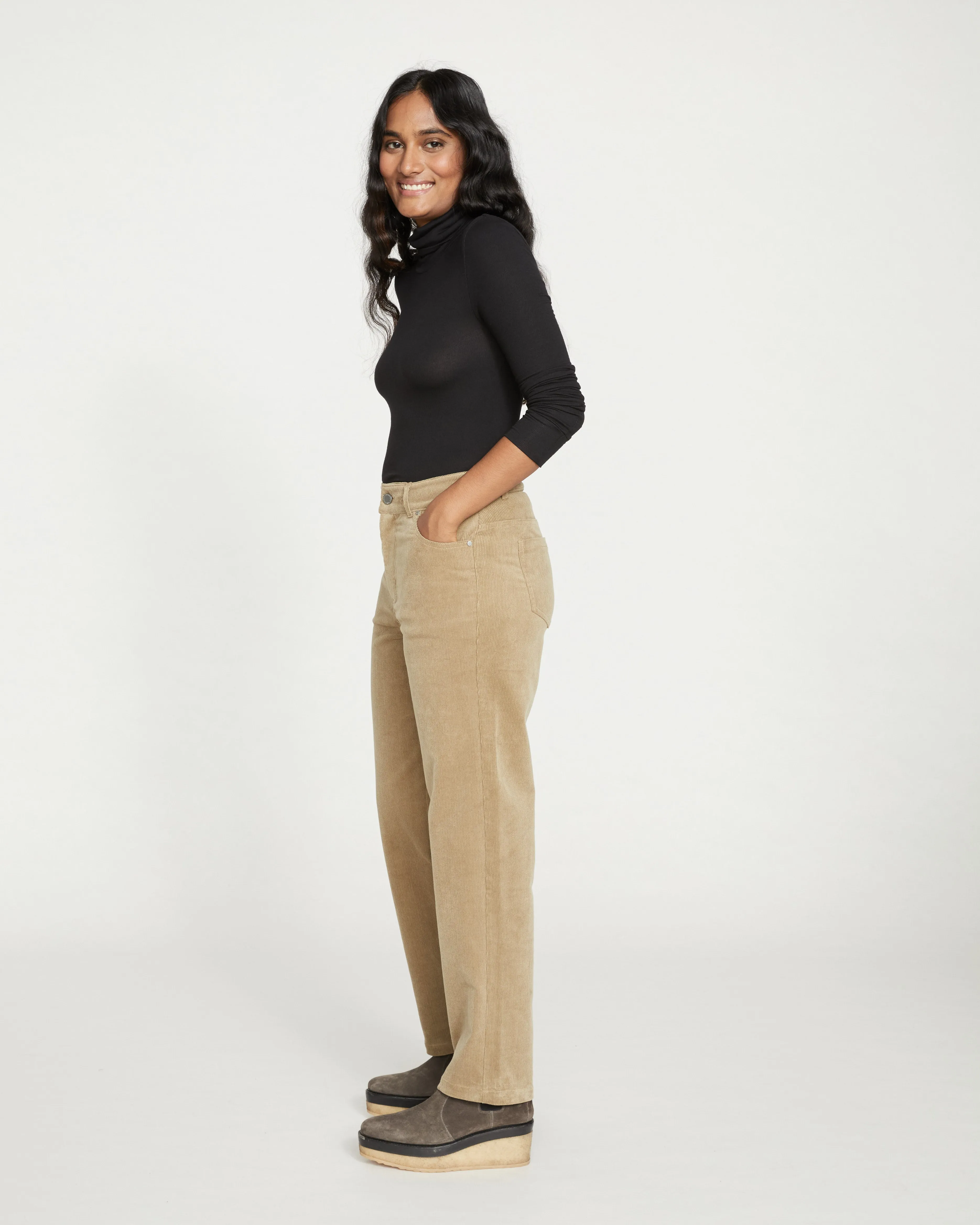 Cassidy High Rise Straight Corduroy Pants - Khaki