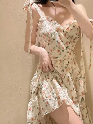 Casual Beach Straps Dress Women Slim  Summer Sweet Elegant Y2k Mini Dress Fairy Sleeveless Floral One Piece Dress Korean