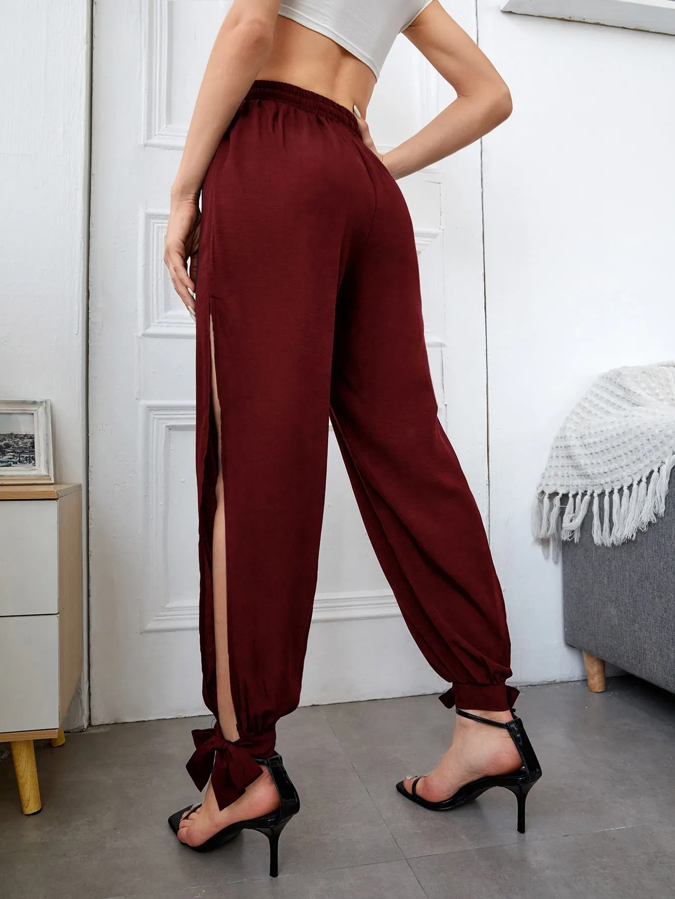 Casual Plain Knot High Waist Long Women Pants