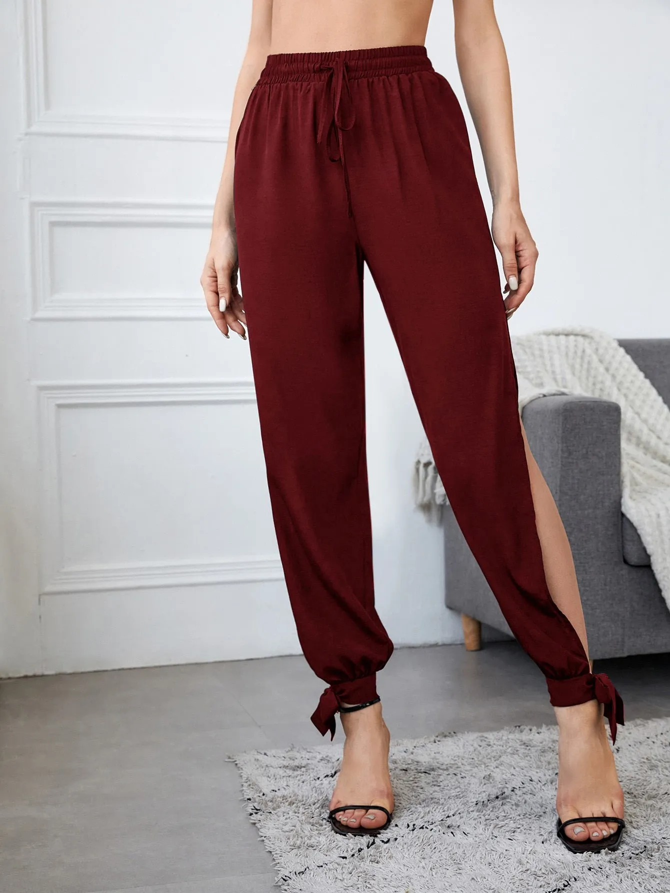 Casual Plain Knot High Waist Long Women Pants