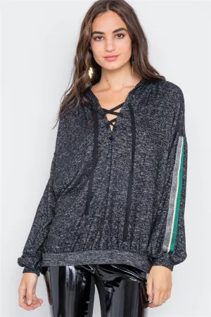 Charcoal Lace Up Long Sleeve Soft Sweater /2-2-2