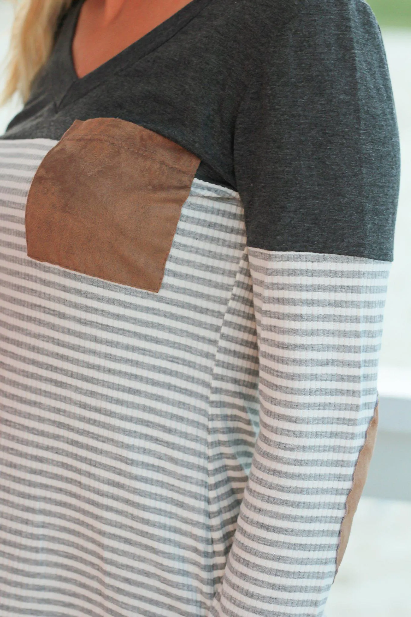 Charcoal Striped Top with Suede Pocket