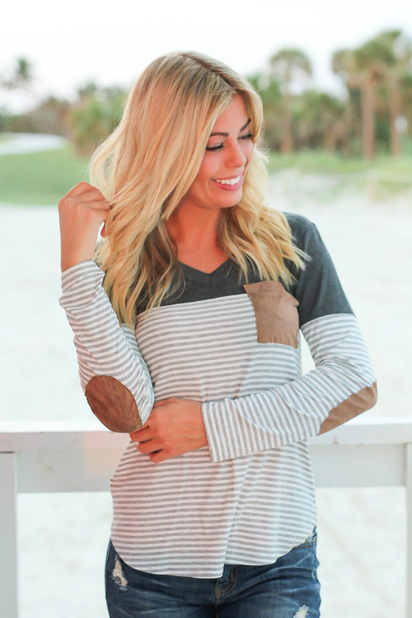 Charcoal Striped Top with Suede Pocket