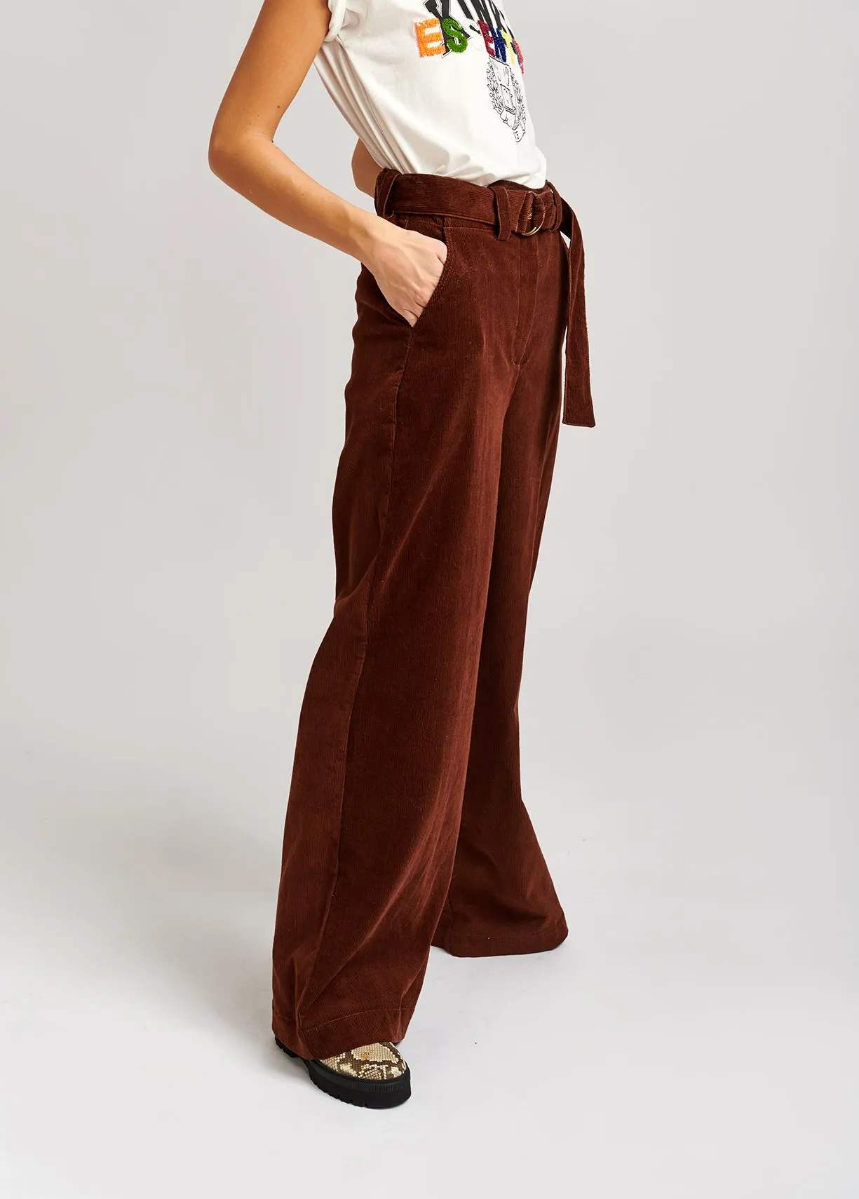 Chestnut brown cotton-corduroy belted pants