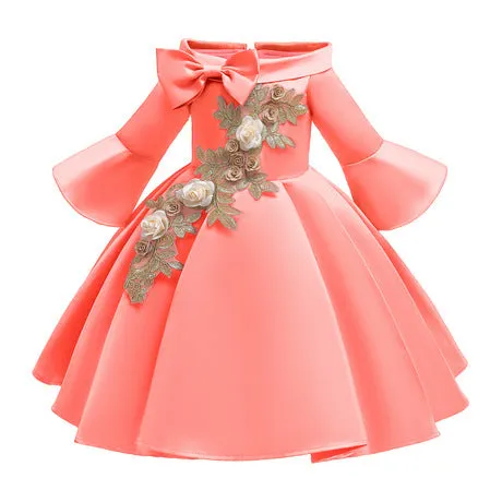 Children's Christmas New Year Dress Girls' Princess Dress Bubble Long Sleeve Cute Little Flower Girl Host Dance Skirt