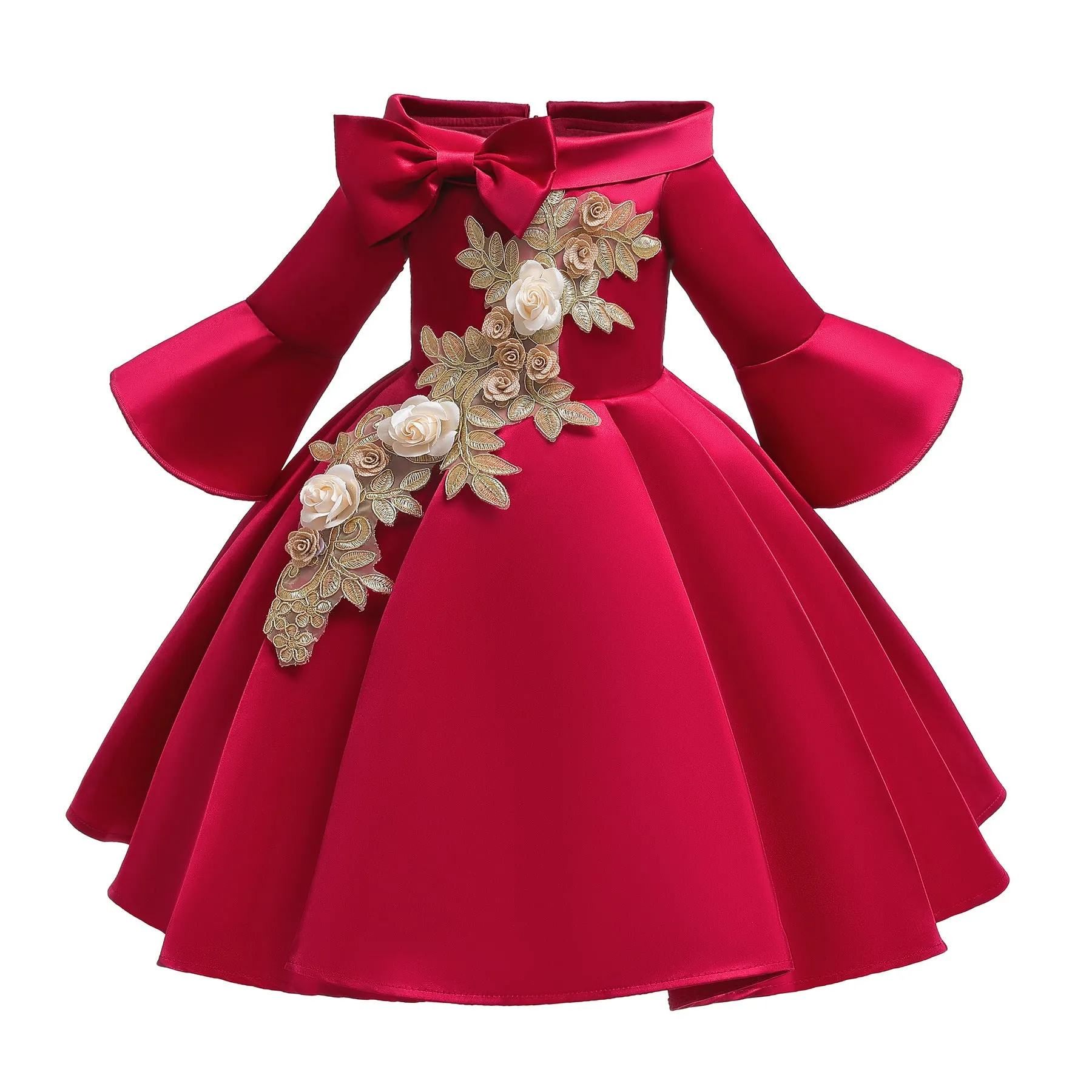 Children's Christmas New Year Dress Girls' Princess Dress Bubble Long Sleeve Cute Little Flower Girl Host Dance Skirt