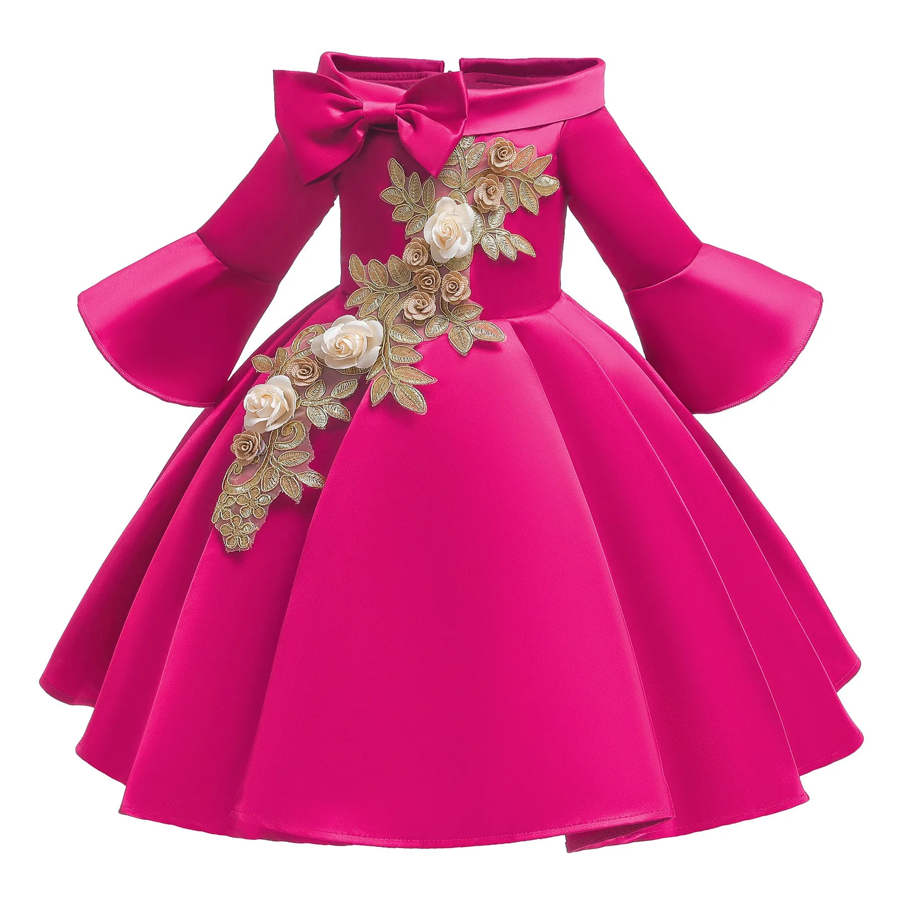 Children's Christmas New Year Dress Girls' Princess Dress Bubble Long Sleeve Cute Little Flower Girl Host Dance Skirt