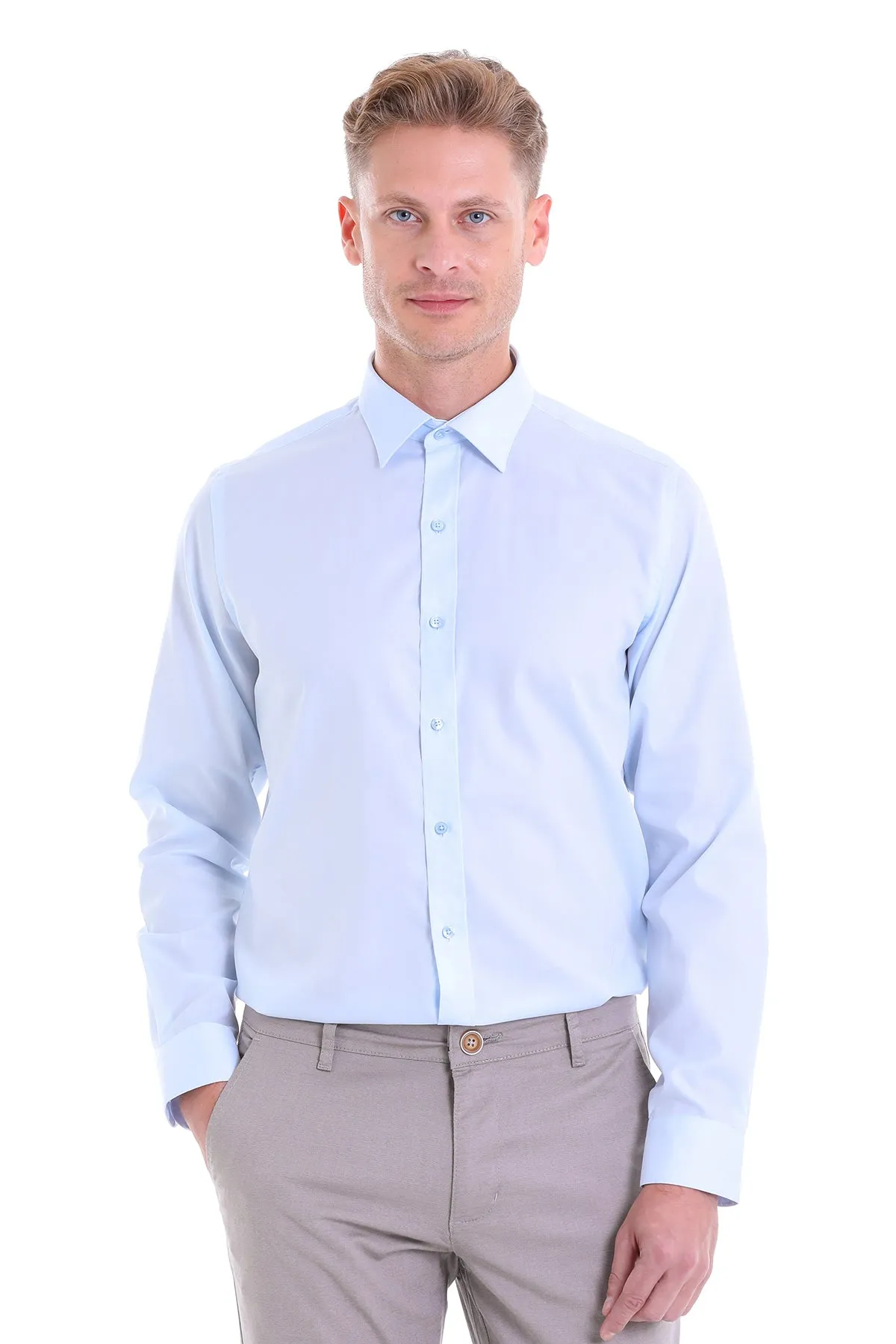 Classic Fit Long Sleeve Cotton Light Blue Dress Shirt