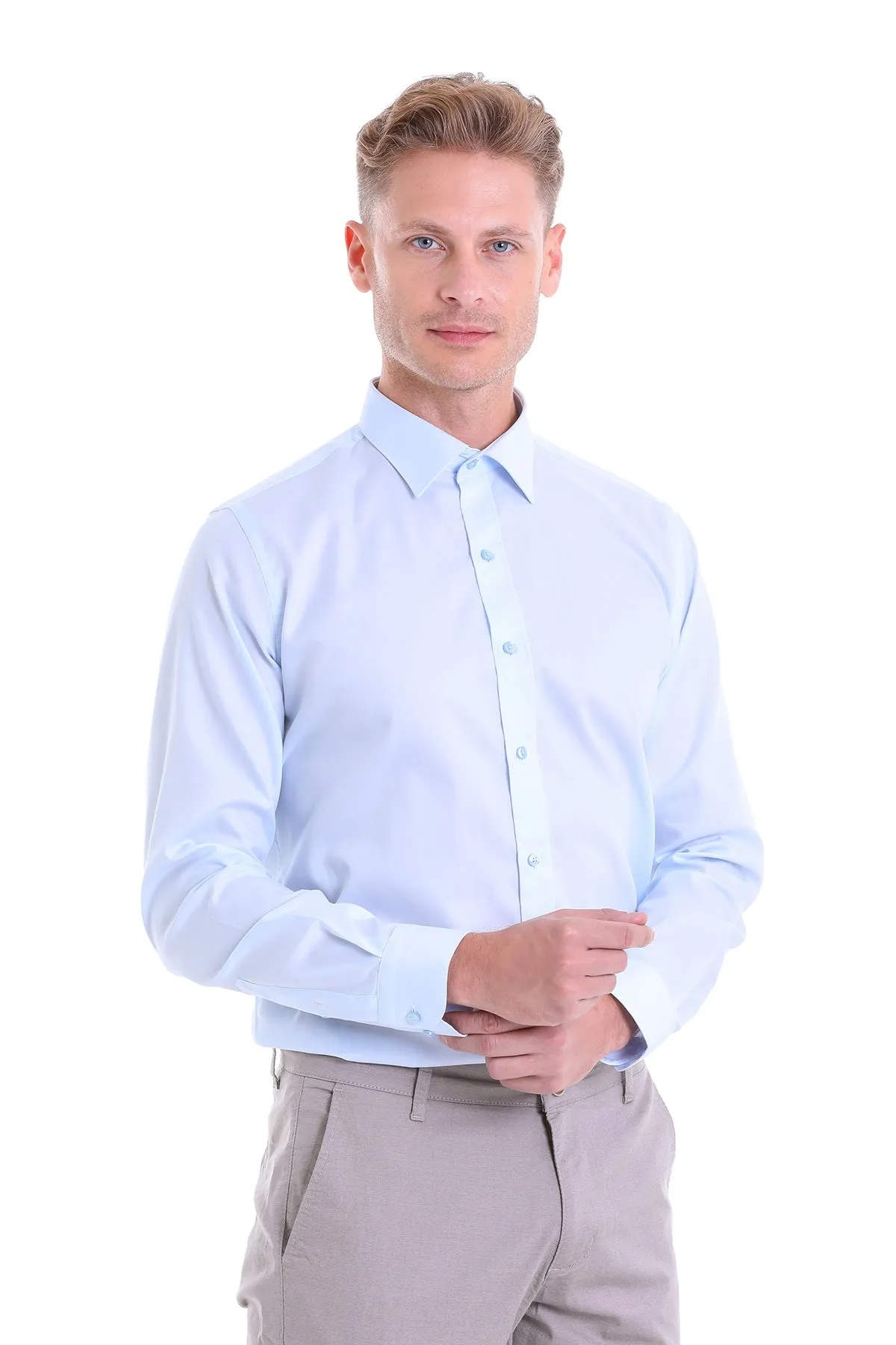 Classic Fit Long Sleeve Cotton Light Blue Dress Shirt