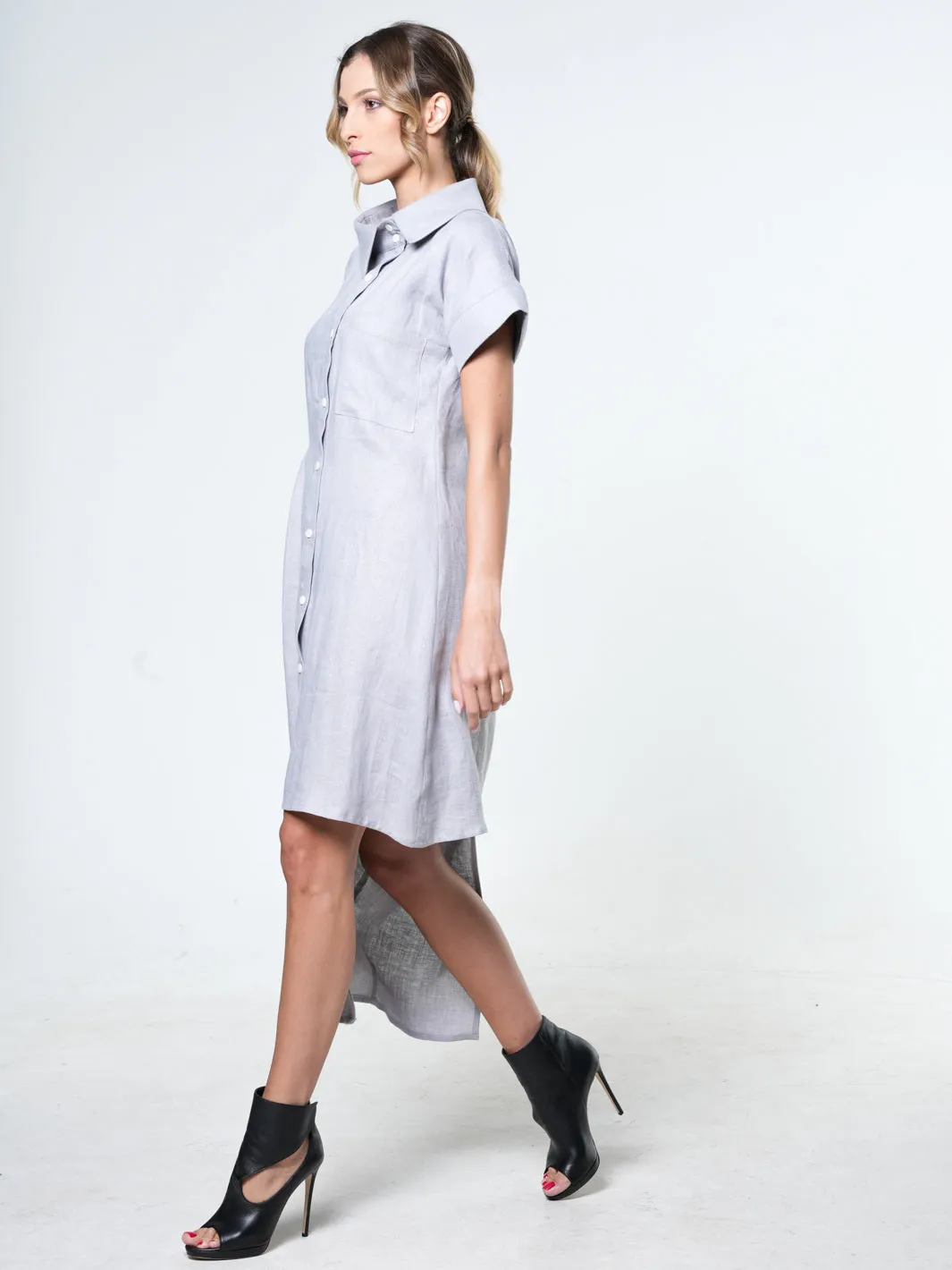 Collared Linen Shirt Dress In Gray