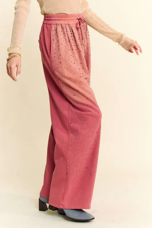 Davi & Dani Rhinestone Drawstring Wide Leg Pants