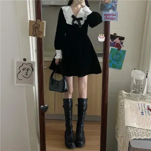 deanwangkt Kawaii Bow Dress Women Japanese Preppy Style Long Sleeve Mini Dresses Black Goth Vintage Lolita Outfits Sweet Streetwear