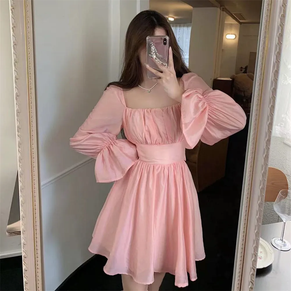 deanwangkt Pink Sweet Elegant Princess Dress Women Casual Korean Slim Long Sleeve Fairy Dress Female Backless Design Vintage Dress  New