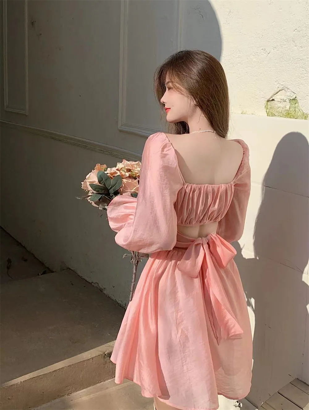 deanwangkt Pink Sweet Elegant Princess Dress Women Casual Korean Slim Long Sleeve Fairy Dress Female Backless Design Vintage Dress  New