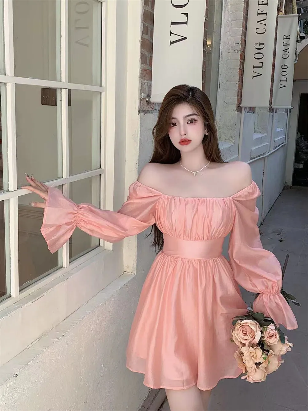 deanwangkt Pink Sweet Elegant Princess Dress Women Casual Korean Slim Long Sleeve Fairy Dress Female Backless Design Vintage Dress  New