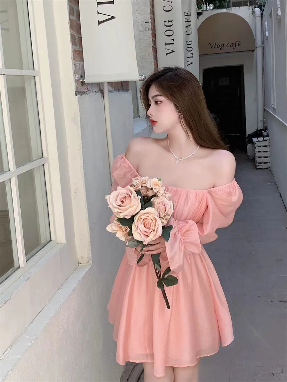 deanwangkt Pink Sweet Elegant Princess Dress Women Casual Korean Slim Long Sleeve Fairy Dress Female Backless Design Vintage Dress  New