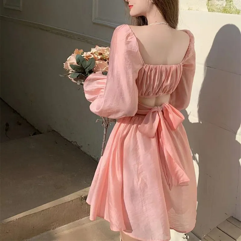 deanwangkt Pink Sweet Elegant Princess Dress Women Casual Korean Slim Long Sleeve Fairy Dress Female Backless Design Vintage Dress  New