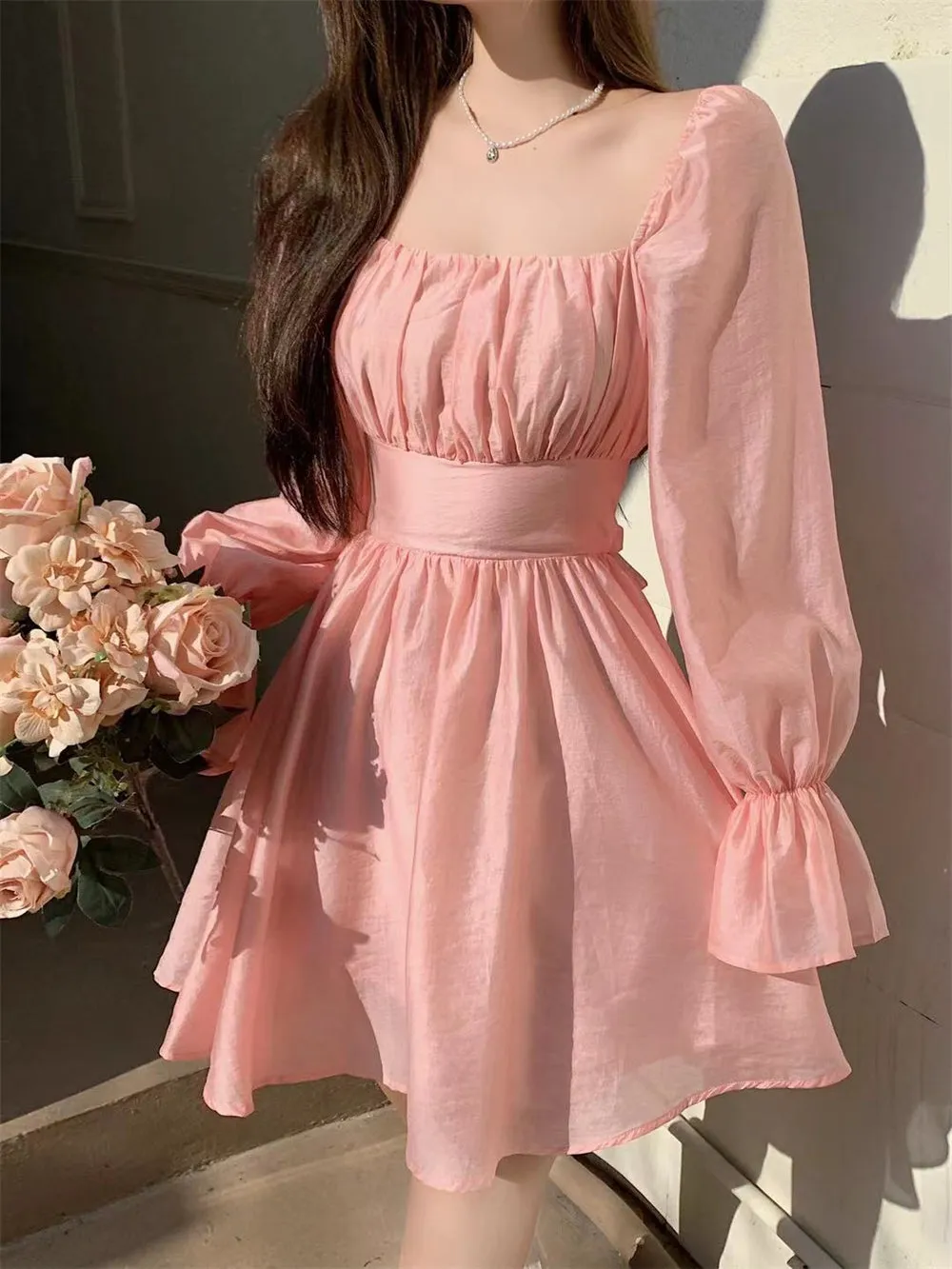 deanwangkt Pink Sweet Elegant Princess Dress Women Casual Korean Slim Long Sleeve Fairy Dress Female Backless Design Vintage Dress  New