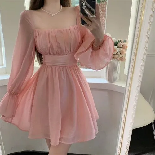 deanwangkt Pink Sweet Elegant Princess Dress Women Casual Korean Slim Long Sleeve Fairy Dress Female Backless Design Vintage Dress  New