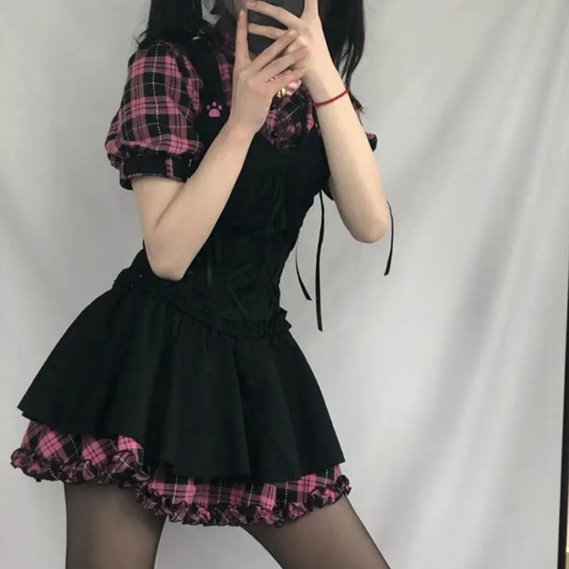 deanwangkt  Summer Dress Women Kawaii Plaid Lolita Dresses Sweet Pink Patchwork Bow Y2k Sundress Sexy Fashion Short Sleeve Robe