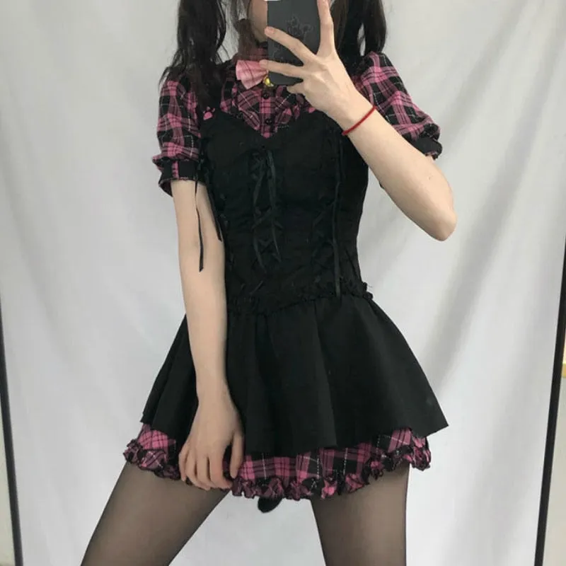 deanwangkt  Summer Dress Women Kawaii Plaid Lolita Dresses Sweet Pink Patchwork Bow Y2k Sundress Sexy Fashion Short Sleeve Robe