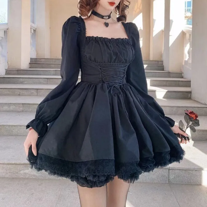 deanwangkt White Lolita Dress Kawaii Vinatge Long Sleeve Mini Dresses Black Gothic Bandage Lace Patchwork Streetwear Square Collar