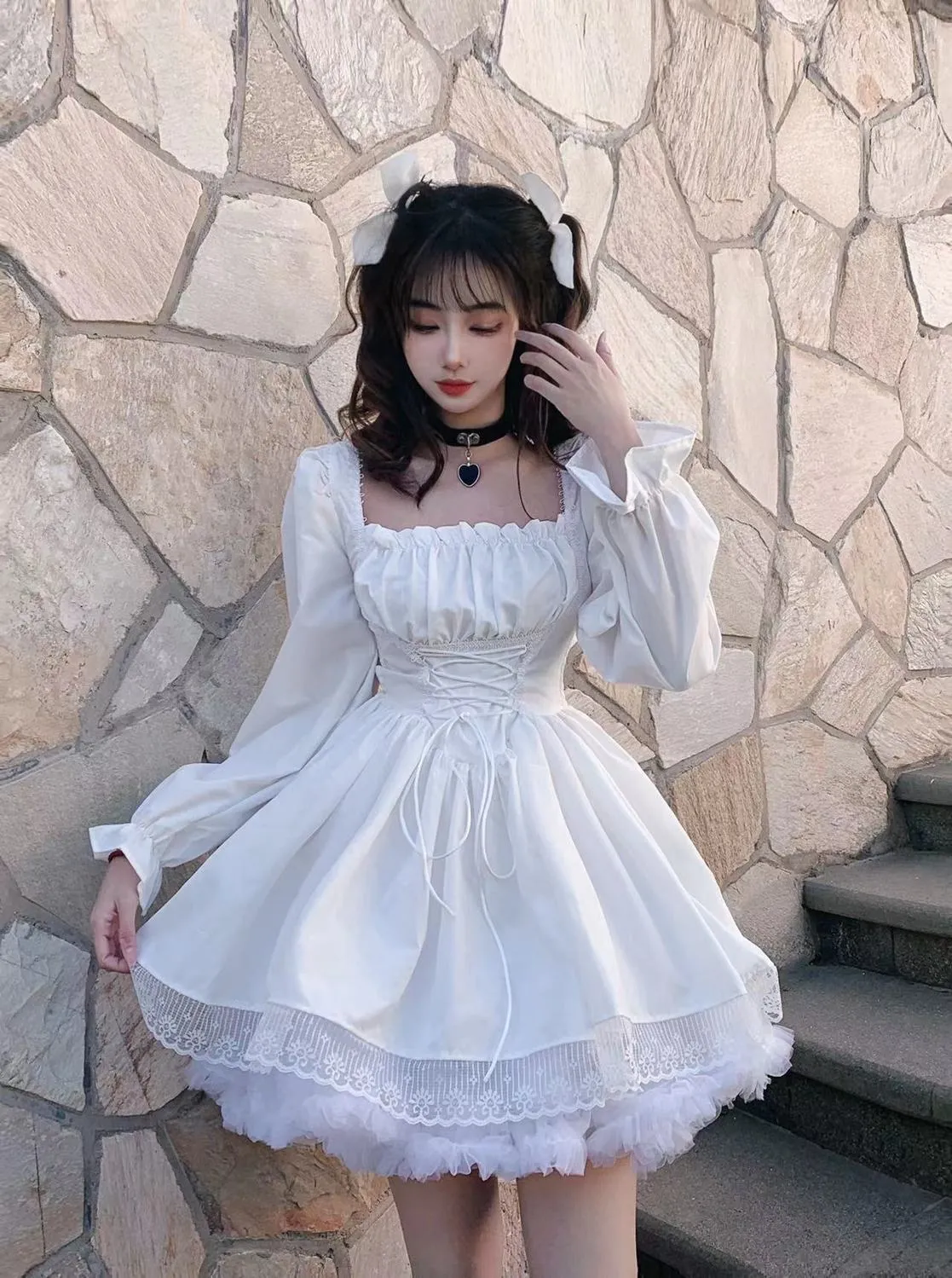 deanwangkt White Lolita Dress Kawaii Vinatge Long Sleeve Mini Dresses Black Gothic Bandage Lace Patchwork Streetwear Square Collar