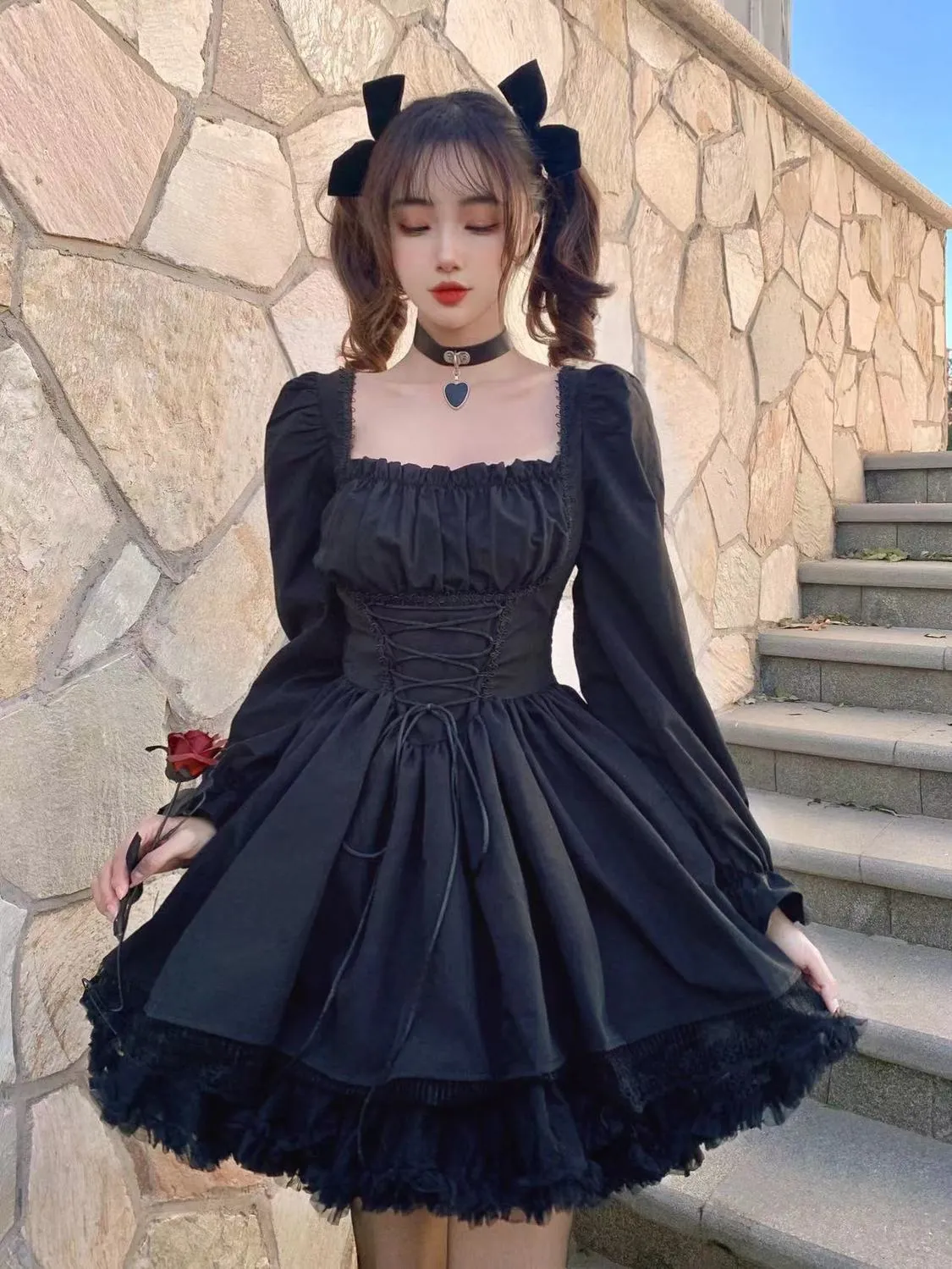 deanwangkt White Lolita Dress Kawaii Vinatge Long Sleeve Mini Dresses Black Gothic Bandage Lace Patchwork Streetwear Square Collar